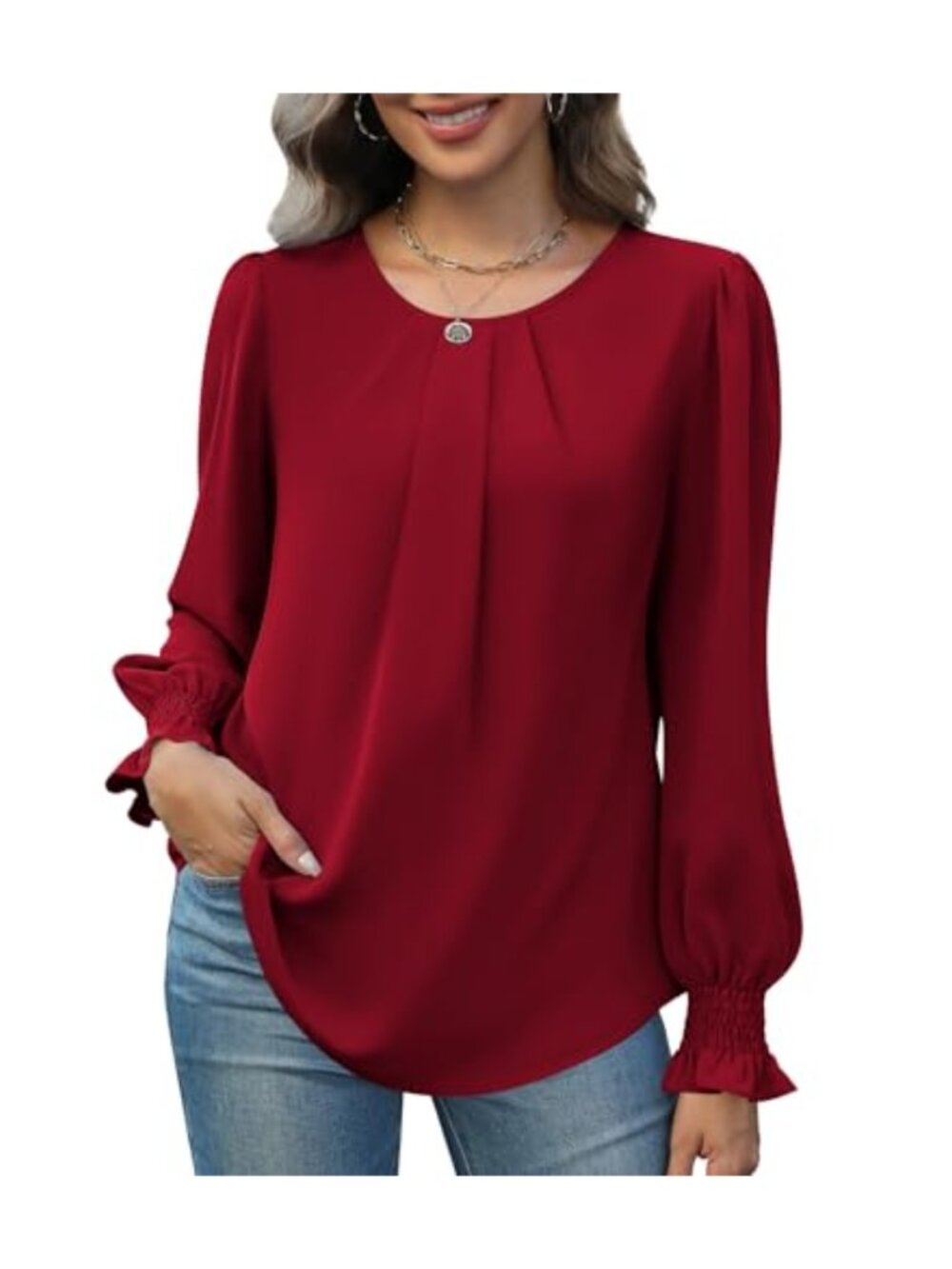 Womens Chiffon Tunic Top Smocked Long Puff Sleeve Crew Neck Office Blouse
